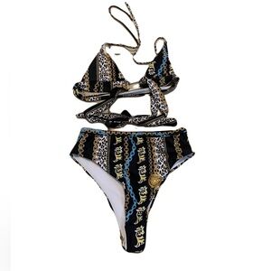 💛 Shein Gold Chain and Leopard Print High-Waisted Bikini Set - Size Medium